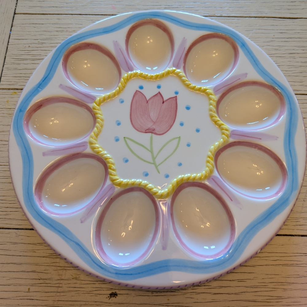 VINTAGE Floral Egg Plate with Pink Tulip Design